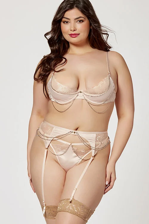 Seven Til Midnight Champagne Dreams Satin & Lace 3 Piece Bra, Garter Belt & Thong Set